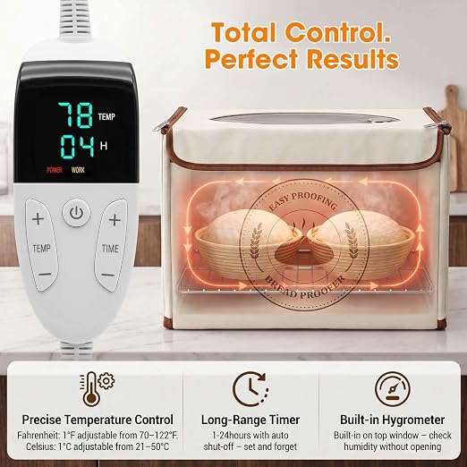 Bread Proofing Box, Folding Bread Proofing Box for Sourdough | 3-Side Heating, Built-in Hygrometer, 70-122°F & 1-24H Timer, Folds Flat for Storage, Stainless Steel Rack Included