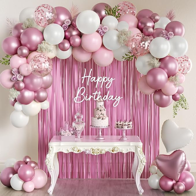 157Pcs Pink and White Balloons Garland Arch Kit with Metallic Pink Fringe Curtain for Girl Princess Woman Bridal Shower Engagement Wedding Baby Shower Birthday Party Decorations