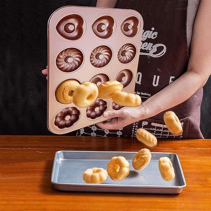Ulalaza Donut Pan Molds Non-Stick 12-Cavity Carbon Steel Donut Mold for Baking BPA Free Mold Sheet Tray Oven Microwave Dishwasher Freezer Safe Easy Clean