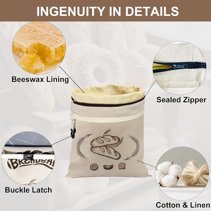 Beeswax Bread Bags for Sourdough, Large Size Sourdough Bread Bags with Beeswax to Keep Freshness Longer, Washable and Reusable Sourdough Storage Bag (2 Pack) (Light Beige)