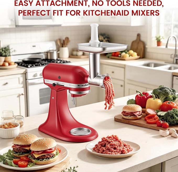 Stainless Steel Meat Grinder Attachment for KitchenAid Stand Mixer, Food Grade, Heavy Duty, No Clog, Dishwasher Safe, Sausage Stuffer & Burger Maker