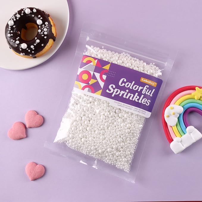 Edible Sprinkles for cake decorating, 7 ounces White Pearl Sugar Candy cupcake, cookies, ice cream toppings cake decorations for wedding shower party Anniversary