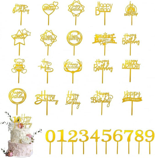 50 PCS Happy Birthday Cake Topper Acrylic Gold Cupcake Toppers, Glitter Party Birthday Cake Decorations for Women Men Girls, Elegant Dessert Picks for Anniversary Celebration, Gold 50 Pack