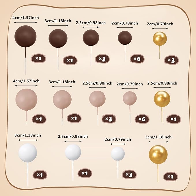 32 PCS Ball Cake Picks Colorful Ball Shaped Cake Topper Pearl Balls Cupcake Cake Insert Topper for Birthday Party Decoration Supplies Dark Brown Light Brown White Gold