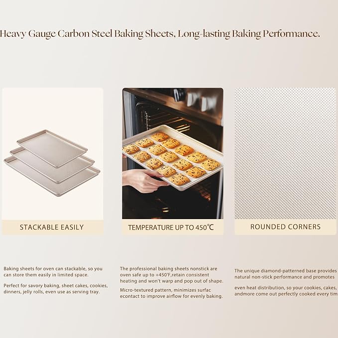GIUOIDUO Baking Sheet Set of 3, Nonstick Heavy Duty Cookie Sheets for Oven - 13.6"×9.6"/15.5"×10.6"/17.5"×11.8" Warp-Resistant Carbon Steel Bakeware Trays, Champagne Gold, Dishwasher & Oven Safe