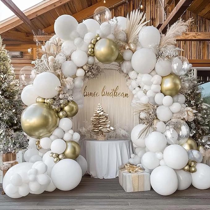 Double Stuffed White Balloon Arch with Clear Bobo, Double Stuffed Light Grey Different White Gold Balloon Garland Kit for Bridal Wedding Engagement Birthday Christmas Valentines Party Decoration
