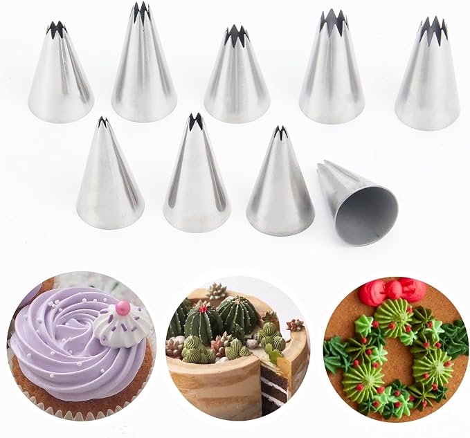 Small Piping Tip Set of 9, 304 Stainless Steel Open Star Seamless Icing Tips, Durable Frosting Nozzles for Cupcakes, Cookies, Cake Decorating, and Baking Tools (Small)