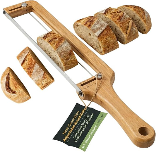 Adjustable Bread Slicer & Knife Set: Stainless Steel Blade with Wooden Handle, Even Slices for Homemade Sourdough and Crusty Breads in Home Kitchens for Baking Enthusiasts
