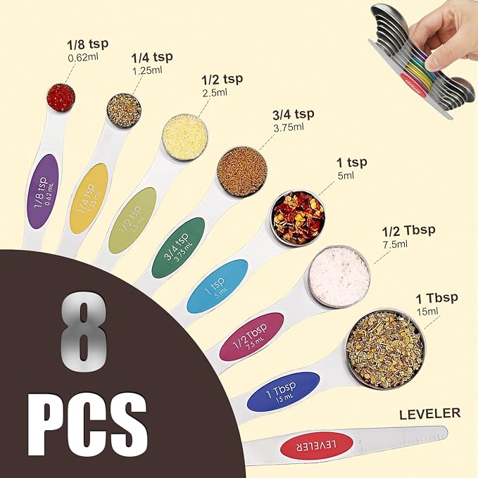 SHIKORI Magnetic Measuring Spoons Set of 8 Stainless Steel Stackable Dual Sided Nesting Teaspoons and Tablespoons for Measuring Dry and Liquid Ingredients-Multicolor