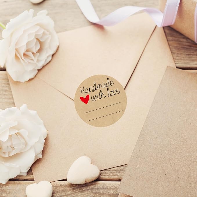 300pcs 2" Handmade with Love Kraft Stickers, Eco-Friendly Canning Labels for Mason Jar with Lines for Writing, Gift Tags for Handmade DIY Gifts, Foods, Treats, Crafts, Beauty, Gift Decoration