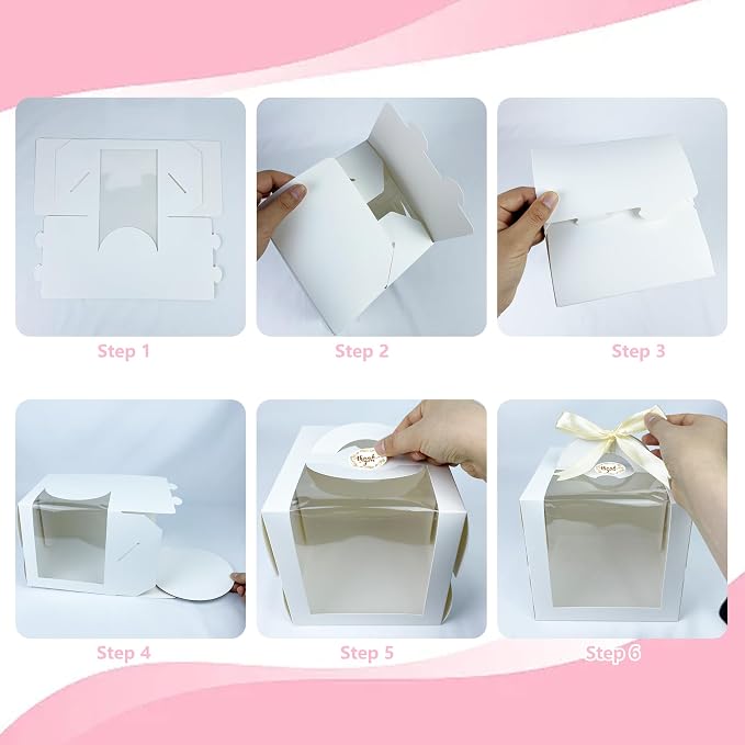 MUMULULU 15 PCS 6 x 6 x 6 Inches Cake Boxes with Carry Handles and Cake Boards White Bakery Boxes with Silk Ribbon and Stickers for Cakes Pastries Birthday Party Wedding