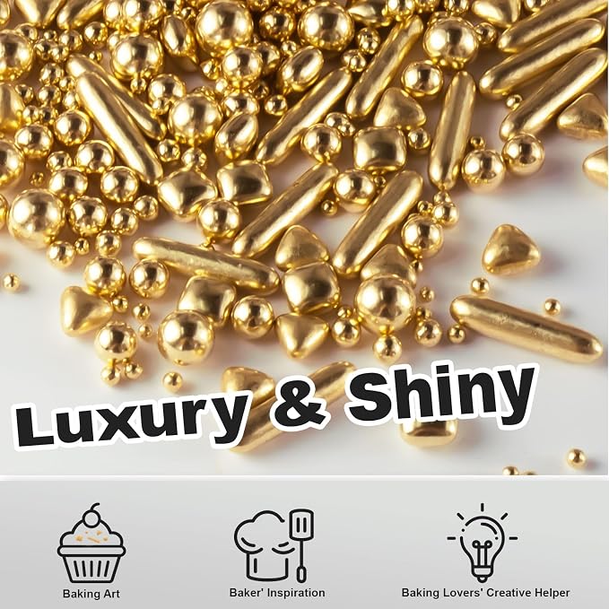 HUEBEATY® 6-in-1 Metallic Gold Dragees Sprinkles for Cake Decorating, Cupcakes & Cookies | 180g/6.36oz | Birthdays, Weddings, Holiday, Christmas Fancy Gold Cake Candy Pearls Sprinkles and Decorations