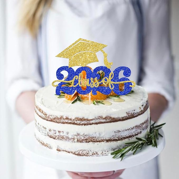 1 Pack Class of 2026 Cake Topper Glitter Congrats Grad Cap 2026 Graduation Cake Pick for 2026 Graduation Theme High School Boys Girls Graduate Party Cake Decorations Supplies Gold Blue