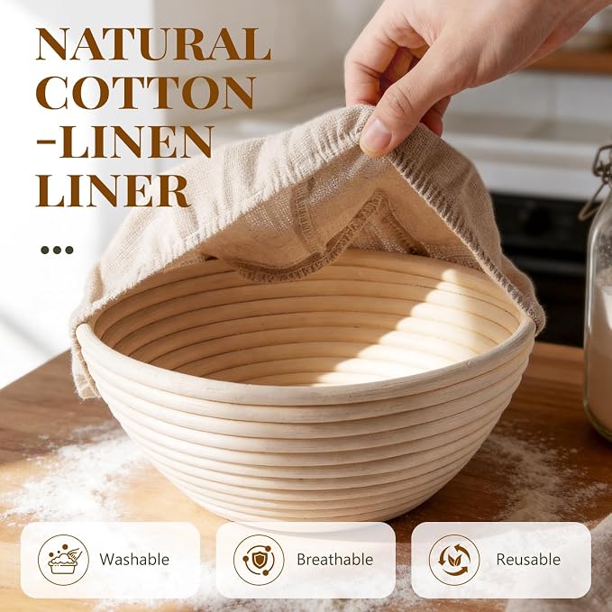 BAVIFY Sourdough Starter Kit, Banneton Bread Proofing Baskets Set, Sourdough Bread Baking Supplies Making Tools with 9 Inch Round Rattan Sourdough Basket, Linen Liner, 2 Round Baskets Set