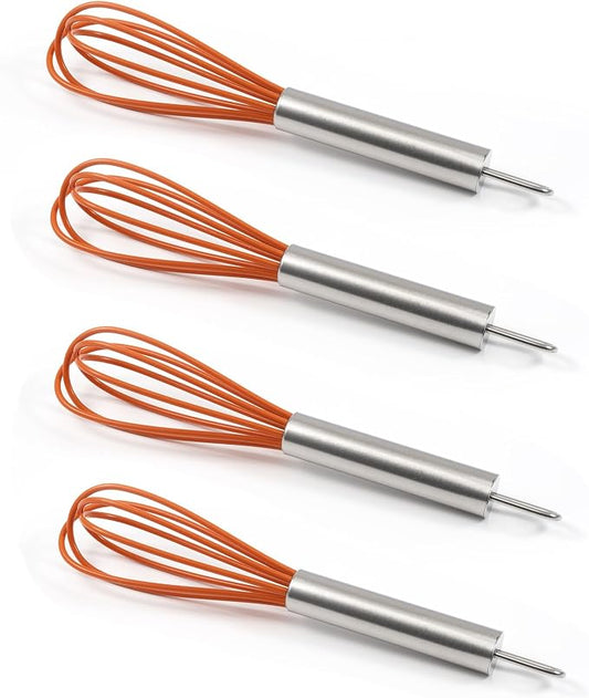 Mini Whisks 6 inch 4Pcs silica gel stainless steel Whisk, Hand Egg Mixer for Flour Cake Egg, Kitchen Cooking Baking Use Whisk (orange)