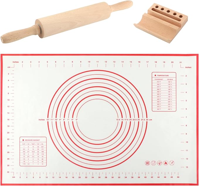 Wood Rolling Pin with Silicone Baking Mat Wood Base, Non Stick Surface Dough Roller with Handle, Fondant Roller Beech Rolling Pins for Baking Pizza Pastry Bread Cookies