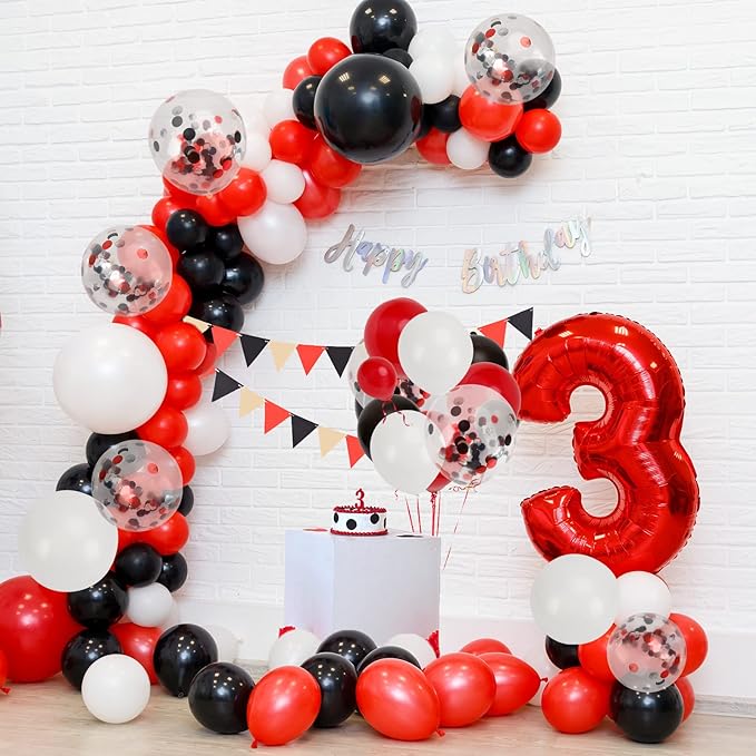 RUBFAC 129pcs Red Black White Balloons Garland Arch Kit, Red and Black White Balloons Arch for Shower Birthday 2025 Graduation Class Decorations Racing Car Poker Card Anniversary Supplies