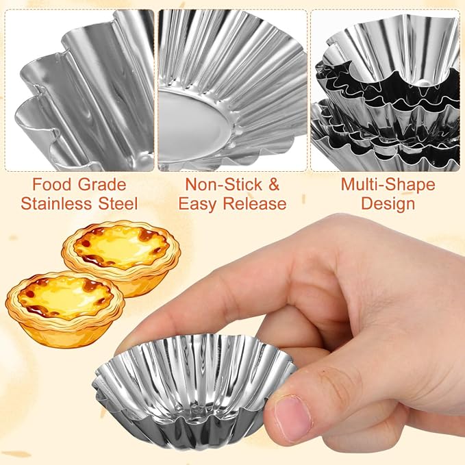 Hemoton 18Pcs Egg Tart Molds Stainless Steel Tart Molds for Baking Mini Shells Decorative Egg Baking Molds for Pies Cheesecakes Cupcakes Puddings Home Kitchen and Bakery Use