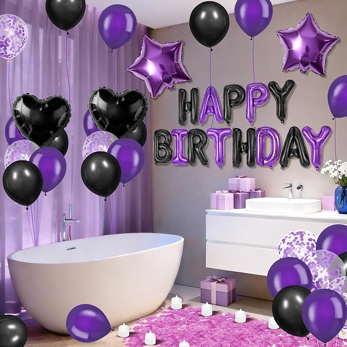 Black Purple Happy Birthday Balloons Decorations Black and Purple Birthday Balloon Letters Banner with Star Heart Balloons Artificial Rose Petals 24 Flameless LED Candles for Birthday Party Supplies