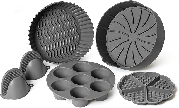 EM Set of 5 Silicone Air Fryer Liners with Egg Bite Mold, Waffle Mold & Mitts - 8.7” Round Reusable Silicone Inserts for 5-7 Qt Airfryers - Easy to Clean & Heat-Resistant Air Fryer Accessories Set