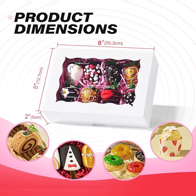 50 PCS 8x5x2 Inch Bakery Boxes with Window for Chocolate Covered Strawberries, Cookies, Cakesickle, Browines, Donut &More
