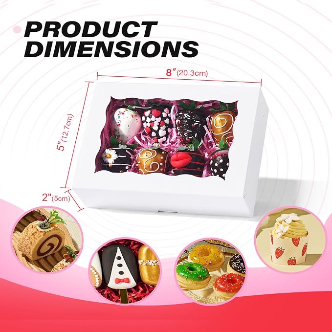 100PCS 8x5x2 Inch Chocolate Covered Strawberries Boxes Bakery Boxes with Window Cookies Box Cakesickle Box Browines Box for Christmas Valentine's Easter Mother's Day