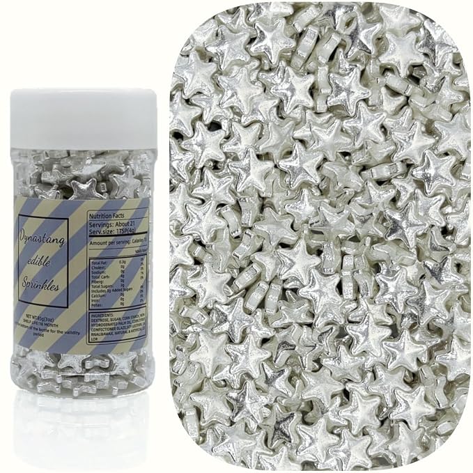 Dynastang 10mm Silver Stars Sprinkles Edible Stars Cake Decorating Stars Cake Decorations Cupcake Toppers Cookie Decorating Perfect for Cakes, Cupcakes, Desserts Toppings 3OZ