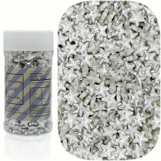 Dynastang 10mm Silver Stars Sprinkles Edible Stars Cake Decorating Stars Cake Decorations Cupcake Toppers Cookie Decorating Perfect for Cakes, Cupcakes, Desserts Toppings 3OZ