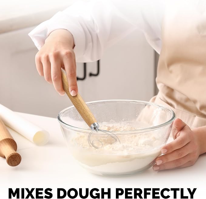 Zulay Kitchen Double-Eye 13" Danish Dough Whisk - Durable Easy Mixing Bread Whisk, Stainless Steel Danish Dough Hook, Sourdough Whisk For Mixing, Traditional Dutch Whisk, Dough Mixer Tool - Acacia