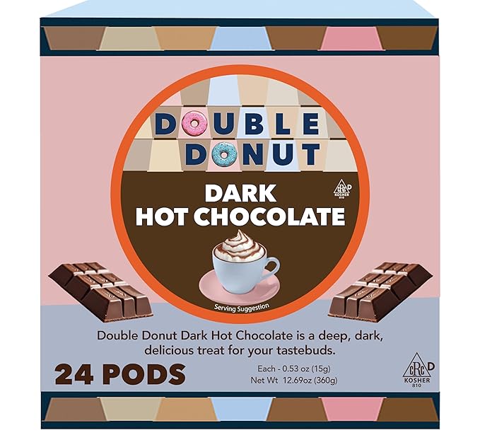 Double Donut Coffee Dark Hot Chocolate Pods for Keurig K Cups Brewers, Single Serve Dark Hot Cocoa Pods, 24 Count