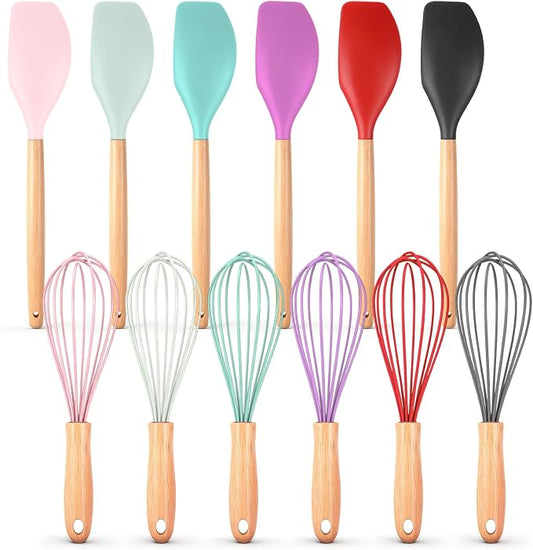 Funnymoom 24 Pcs Small Silicone Whisks and Spatulas with Wooden Handle for Cooking 10 Inch Mini Whisk Spatula Non Stick Kitchen Baking Essentials Cookware for Valentines Day Party Favor Gift Supplies
