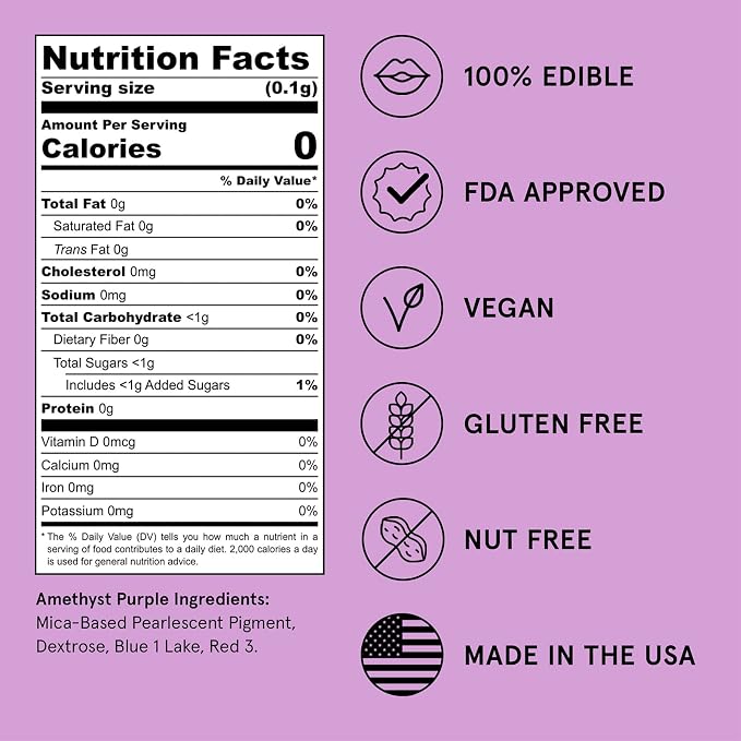 Fancy Sprinkles Amethyst Purple Edible Glitter | Luster Dust for Drinks, Cocktails & Cake Decorating | Vegan, Gluten Free, Non-GMO | Made in USA | 4gm