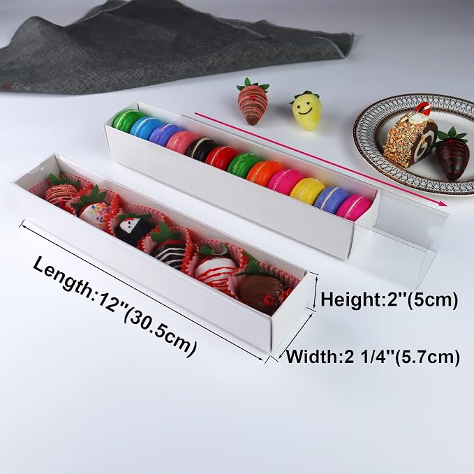 RomanticBaking 51 Pack 12x2¼x2 Inch Long Bakery Boxes with Full Window Drawer Strawberry Boxes,Macaron boxes,Chocolate Boxes Truffle Boxes