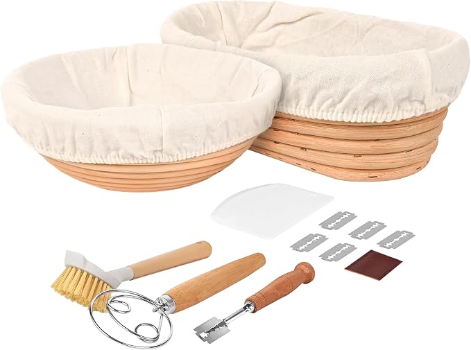 Nixta Bread Proofing Basket Set – 6-Piece Sourdough Bread Baking Kit with 9" Round & 10" Oval Banneton Baskets, Linen Liners, Danish Dough Whisk, Dough Scraper & 5 Stainless Steel Blades