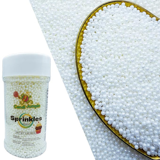 CandiJumpin 2mm Edible White Pearls, White Nonpareils Sprinkles Small Pearl Sprinkles for Cake Decorating Mini Sugar Pearls for Baking Baby Shower Party Wedding Christmas Supplies 3 OZ