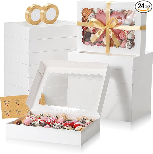 24 Pack Auto Pop-up Cookie Boxes with Window, 14x10x2.5 Inch White Bakery Boxes with Ribbon and Sticks for Treats, Chocolate Covered Strawberries, Cake Pops, Donuts, Pastries
