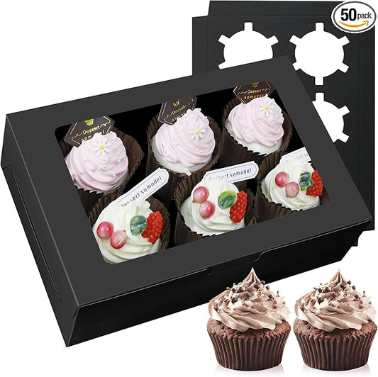 50-Set Cupcake Boxes Bulk with Clear Display Window Hold 6 Standard Cupcakes, Disposable Food Grade Black Cupcake Carrier Cupcake Container, Perfect for Cupcakes Muffins Cookies Pastries