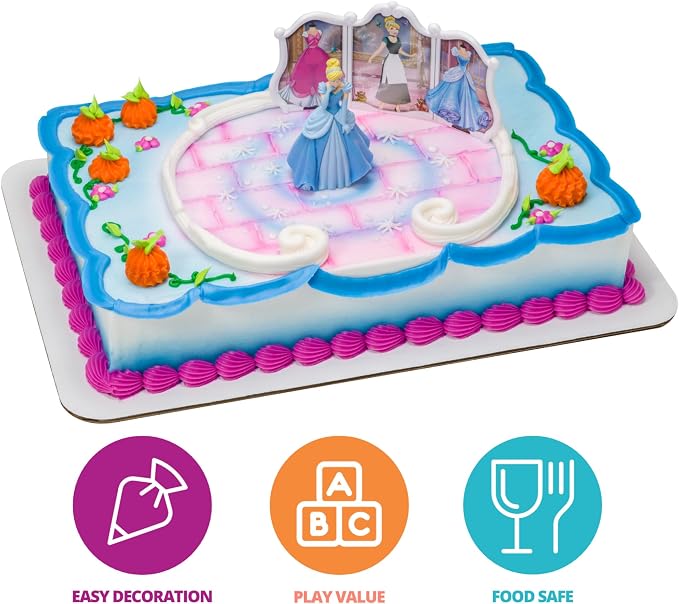 DecoSet® Disney Princess Cinderella Transforms Cake Topper, 4-Piece Birthday Cake Decorations Set with Figurine and Dress Stickers