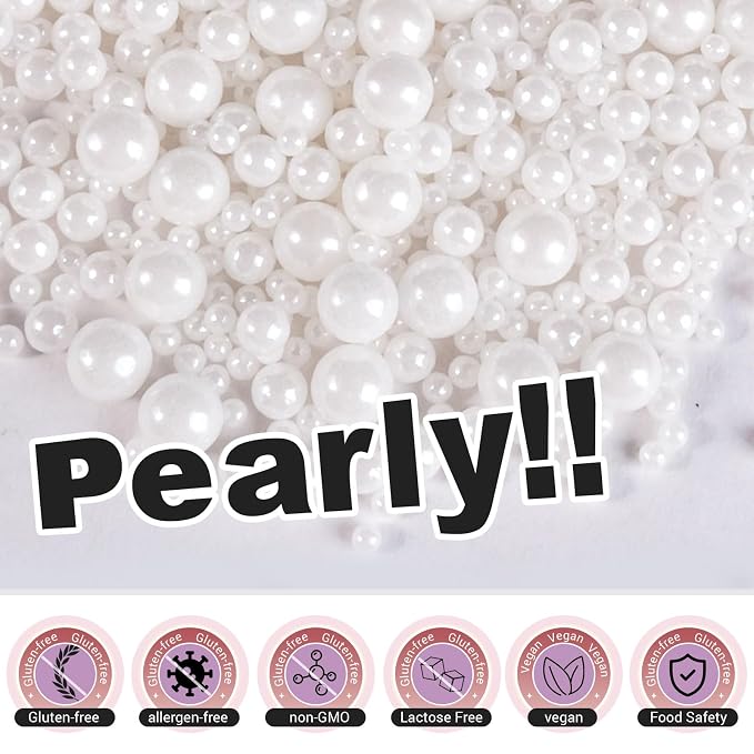 HUEBEATY White Edible Pearls Sprinkles Set with Claw Sprinkle Pen, 6.36oz – Assorted White Cake Sugar Pearls (2mm–10mm) and Sugar Rods Sprinkles for Cake, Cupcakes, Cookies, Wedding & Valentine Desserts