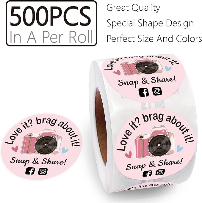 500 Love It Brag About It Snap Share Stickers - Pink Review, Boutique Packaging Handmade, Small Business Must Haves Social Media Roll