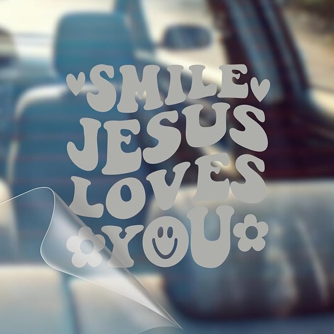 Smile Jesus Loves You - Christian Jesus Cross Car Vinyl Decal Bumper Sticker for Car, Wall, Window, Vehicle, Weather Resistant, Viral (1, Silver)