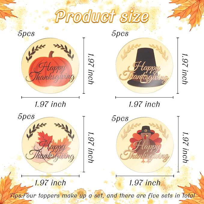 20 Pcs Happy Thanksgiving Cupcake Topper Acrylic Engraved Thanksgiving Cake Topper Pumpkin Themed Birthday Party Supplies Reusable Acrylic Decorations for Cakes Gift Boxes DIY Crafts