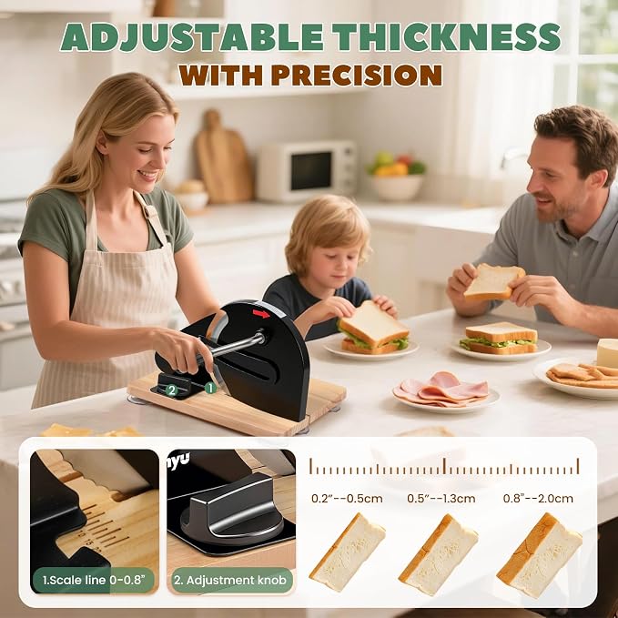 Huanyu Manual Bread Slicer Upgrade Foldable Sourdough Cutter Versatile Hand Crank Stainless Steel Blade Adjustable Thickness with Scale Line & Suction Cup for Homemade & Commercial Use Black