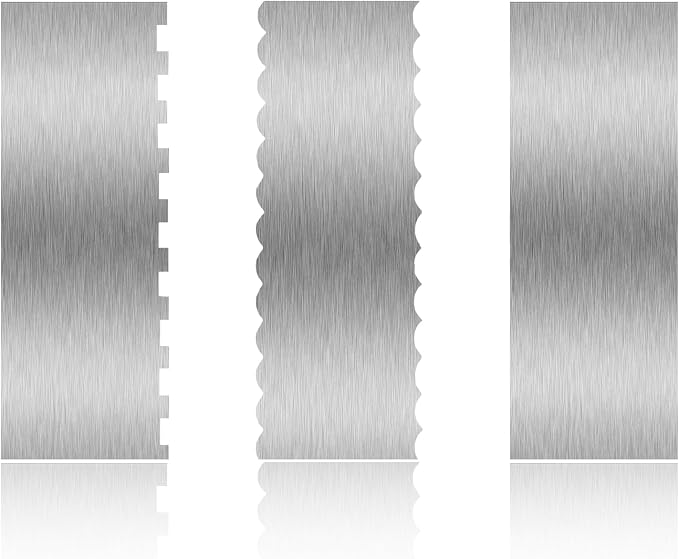 3 Piece 9 Inch Stainless Steel Cake Scraper, Cream Cake Scraper Sided Patterned Edge Stripe Edge Smoother Scraper Cake Smoother Frosting Scraper Cake Decorating Comb for Mousse Butter Cream