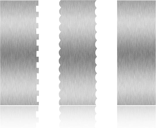3 Piece 9 Inch Stainless Steel Cake Scraper, Cream Cake Scraper Sided Patterned Edge Stripe Edge Smoother Scraper Cake Smoother Frosting Scraper Cake Decorating Comb for Mousse Butter Cream