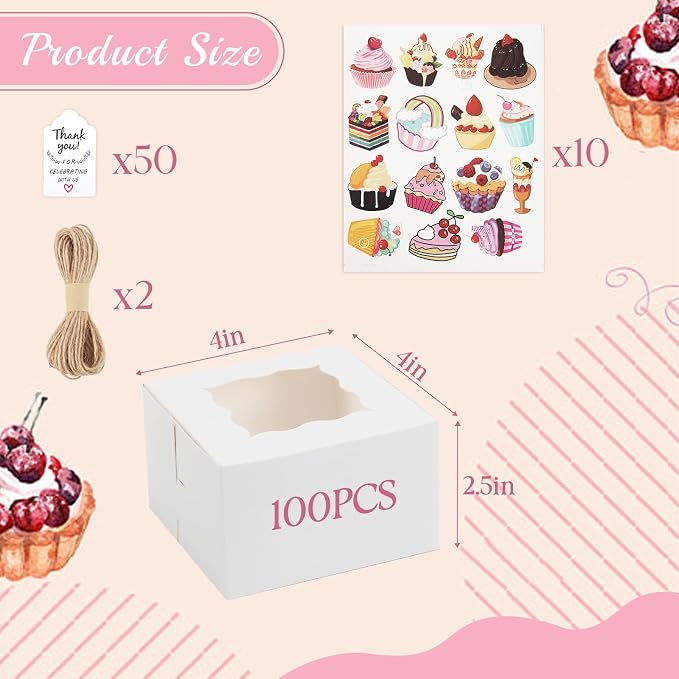 OAMCEG 100pcs Cookie Boxes with Window, 4x4x2.5 Inch Bakery Treat Boxes with Cake-Themed Stickers for Mini Cake, Pastry, Dessert, Chocolate, Strawberries, Party Favors (White)