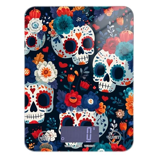 Food Scale Kitchen Digital Scale Food Ounces and Grams Dieting Baking Cooking Waterproof Glass Panels LCD Display,4 Units Scale Tare Function Some Blue Skull Halloween