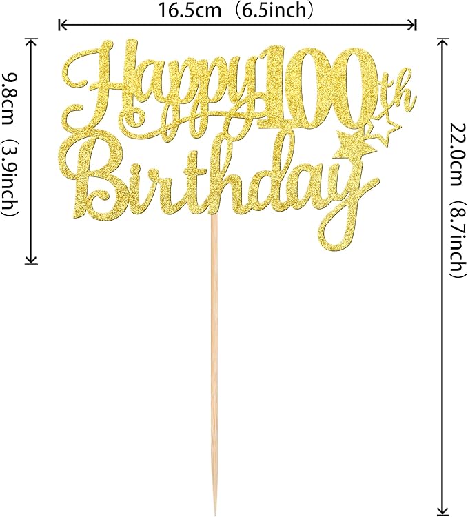 1 PCS Happy 100th Birthday Cake Topper - Gold Glitter Cheers to 100 Years - Fabulous Cake Decoration for 100th Birthday Theme Party