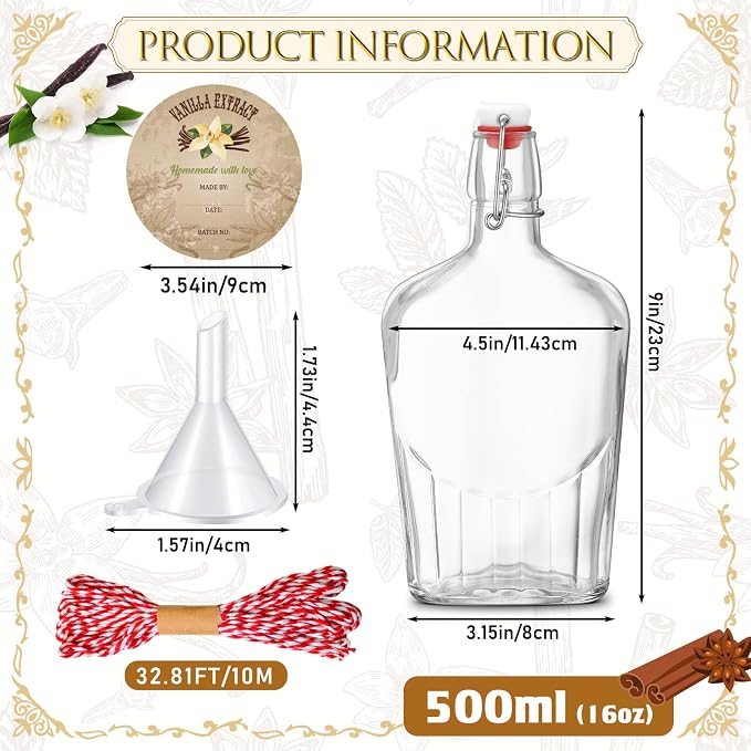 Uiifan 2 Pack 16 oz Vanilla Extract Bottles with Swing Top Flask Whiskey Pocket Clear Glass Flask for Homemade Vanilla Extract Lemon Kombucha Water Apply Christmas Wedding Gift (Clear)