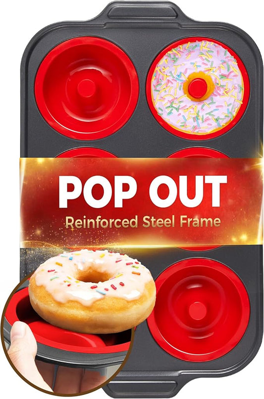 BRONYPRO Silicone Donut Pan for Baking with Metal Reinforced Frame, 6-Cavity Nonstick Doughnut Mold, Large Donut Size, Food-Grade Bakeware, Oven Dishwasher Freezer Safe, Red